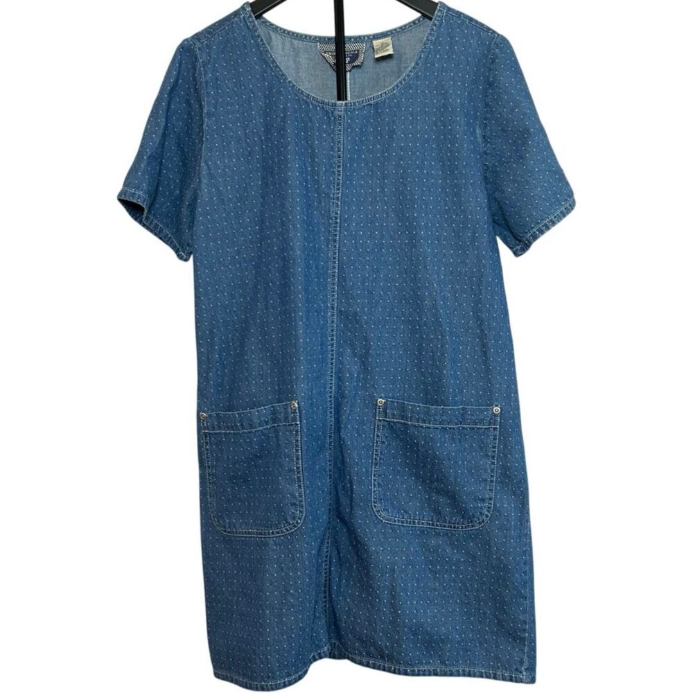 VTG 90s Erika Casuals Denim Polka Dot Shift Dress M Pockets Casual Whimsigoth